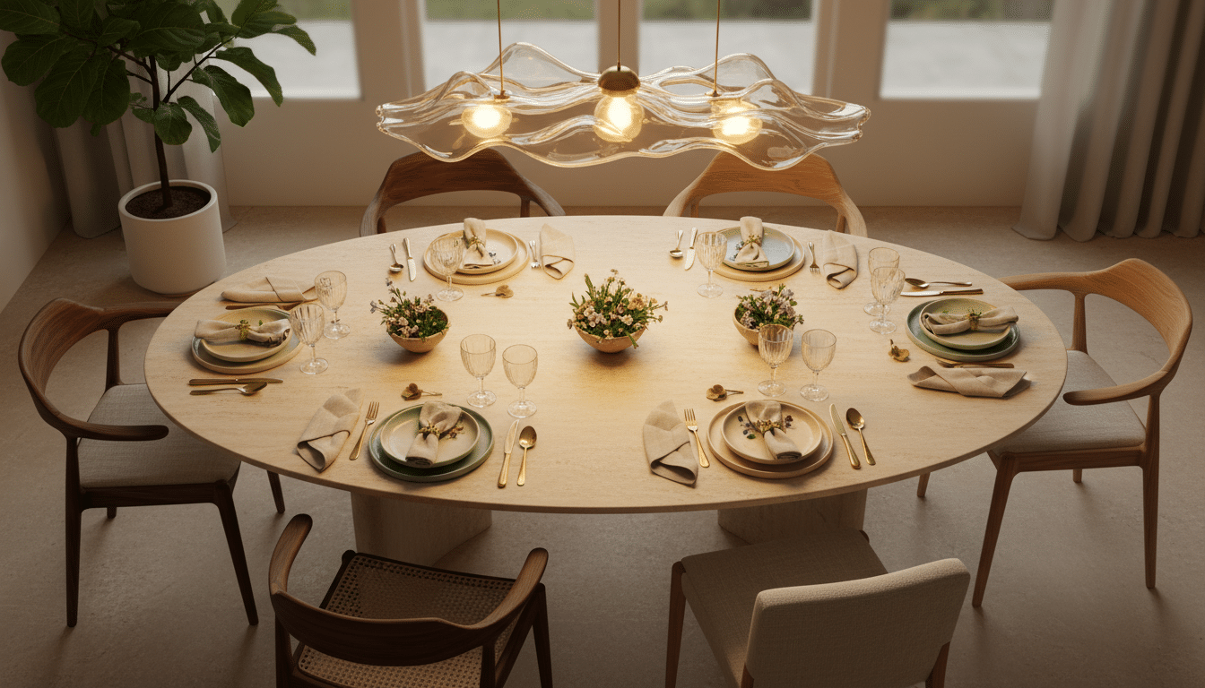 Table dressée avec suspension en verre et chaises courbes dépareillées