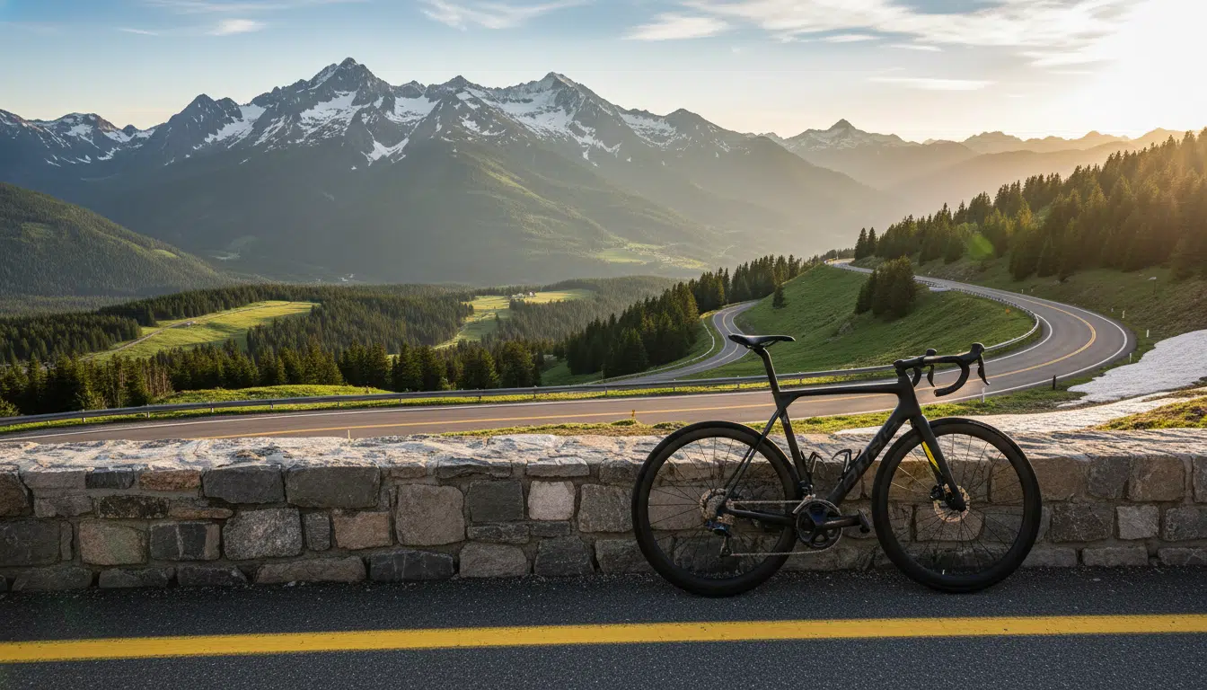 Vélo de route professionnel sur un col alpin ensoleillé, symbole du défi cycliste d'Emilien Jacquelin