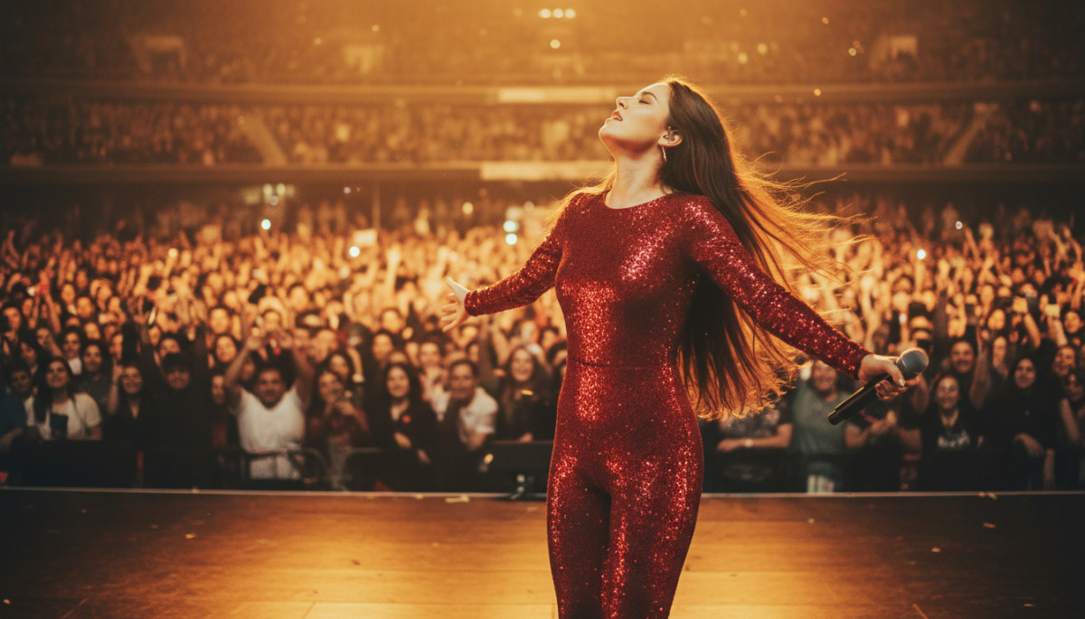 Chanteuse Selena sur scène sous les projecteurs lors d'un concert