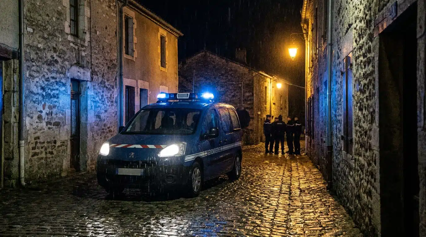 Véhicule de gendarmerie garé dans une rue de village la nuit