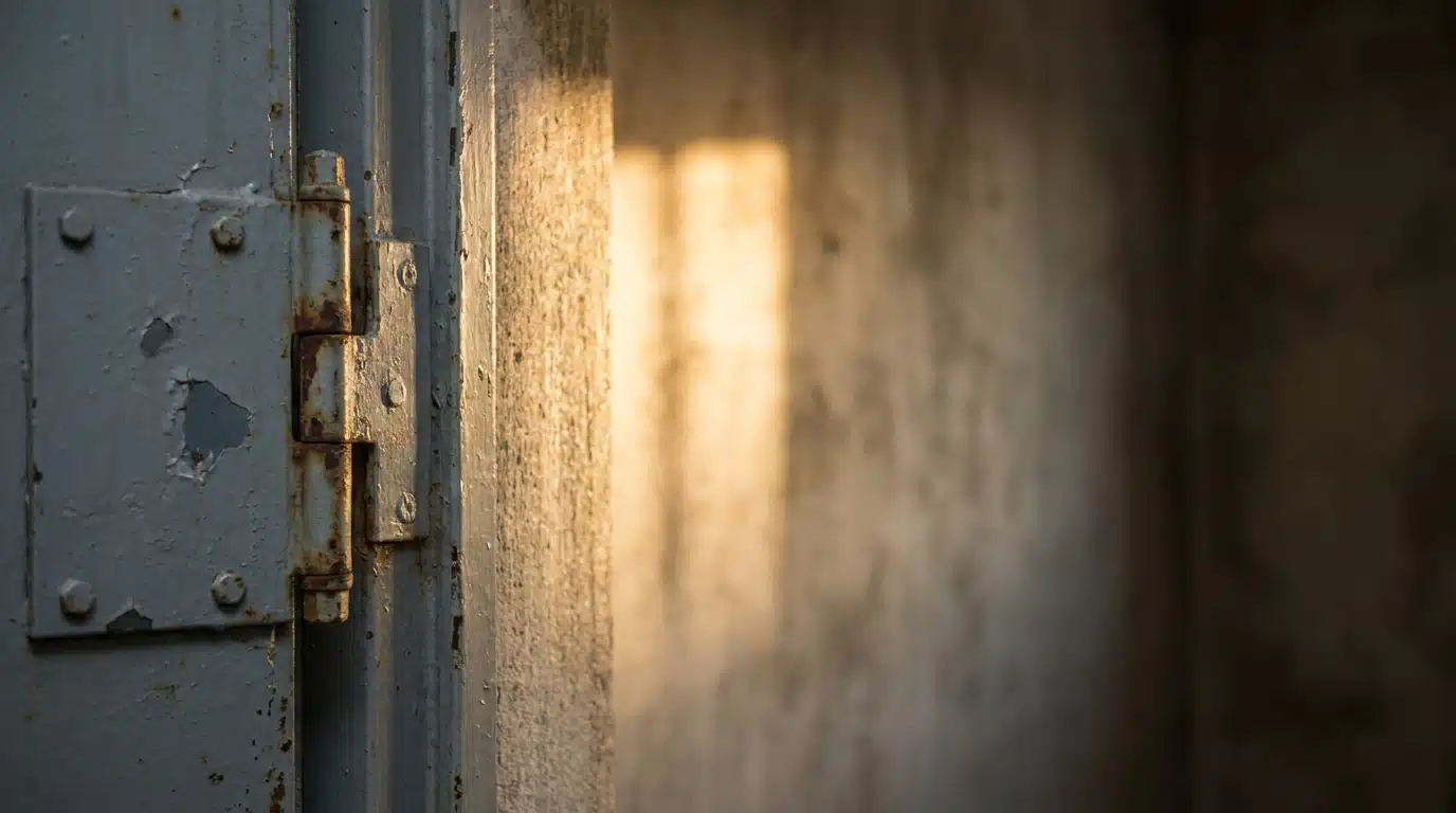 Porte de prison entrouverte laissant passer la lumière du jour