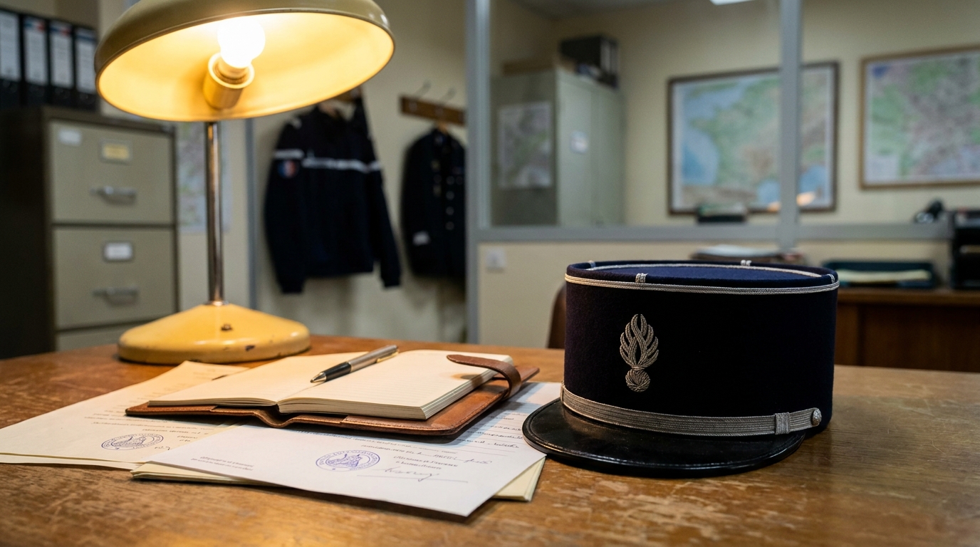 Képi de gendarme et carnet posés sur un bureau officiel