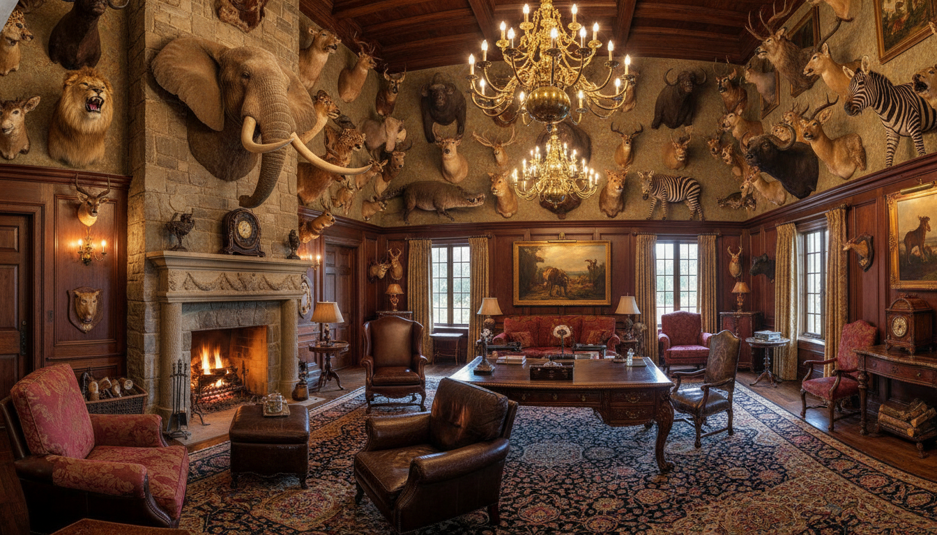 Salle de trophées de chasse avec têtes d'animaux exotiques empaillées