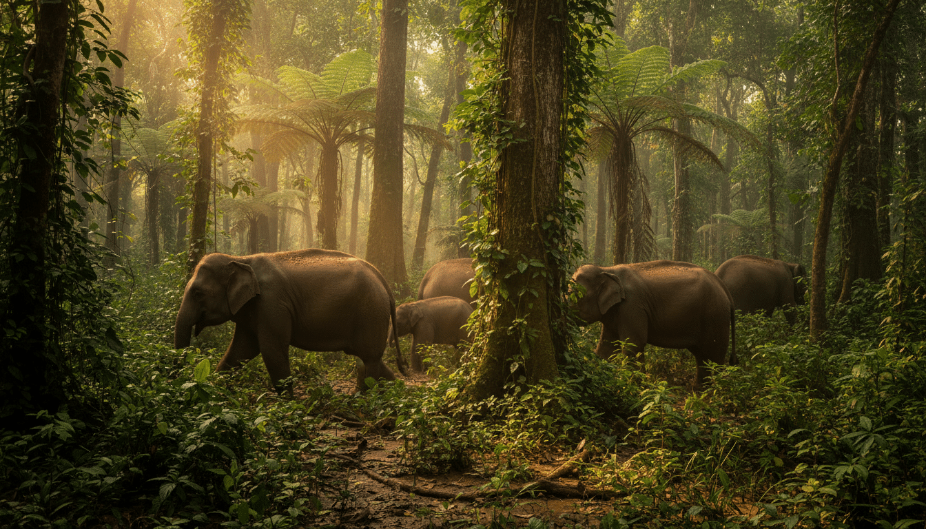 Troupeau d'éléphantes de forêt en sous-bois dense au Gabon
