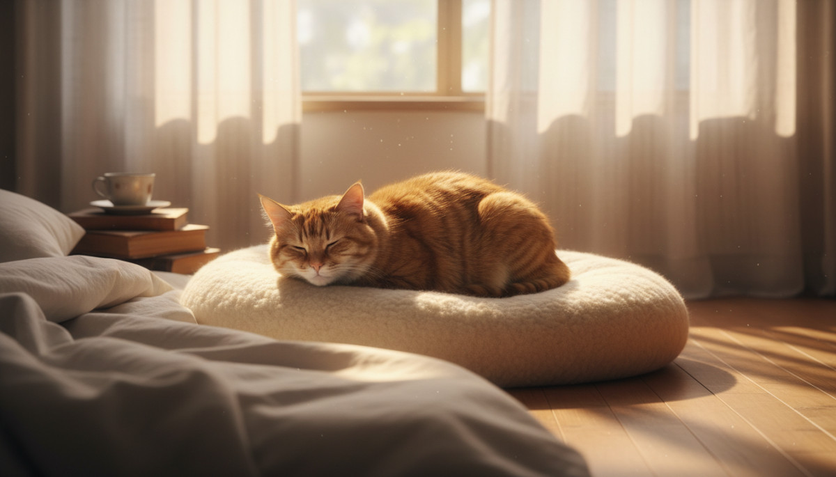 Chat en boule sur un coussin chaud
