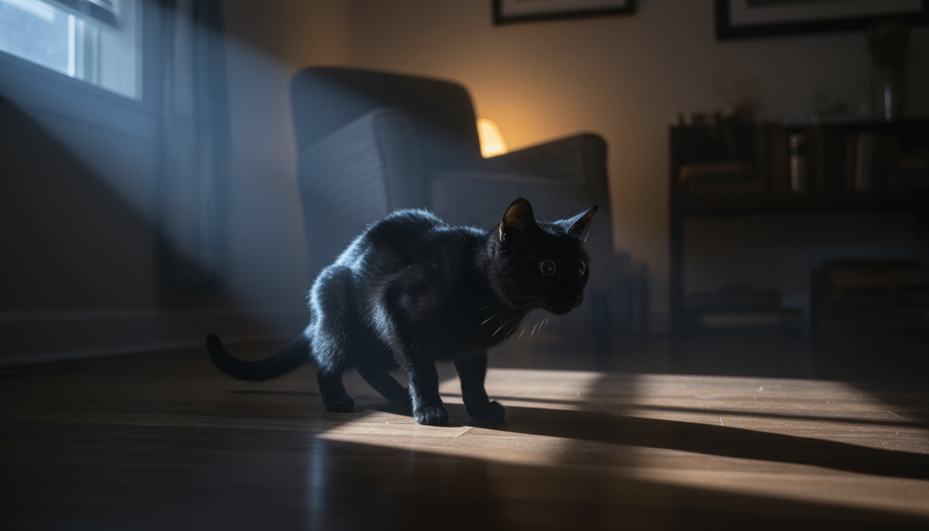 Chat noir aux pupilles dilatées guettant dans le noir