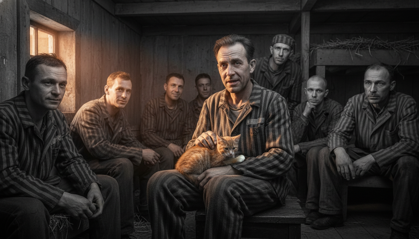 Chat roux avec des prisonniers libérés de Buchenwald