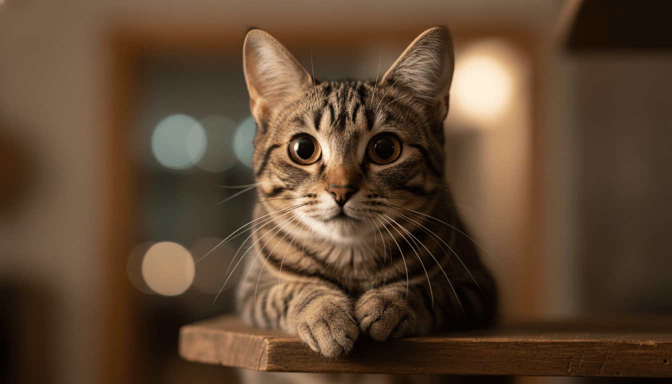 Chat tabby curieux au bord d'une étagère en bois
