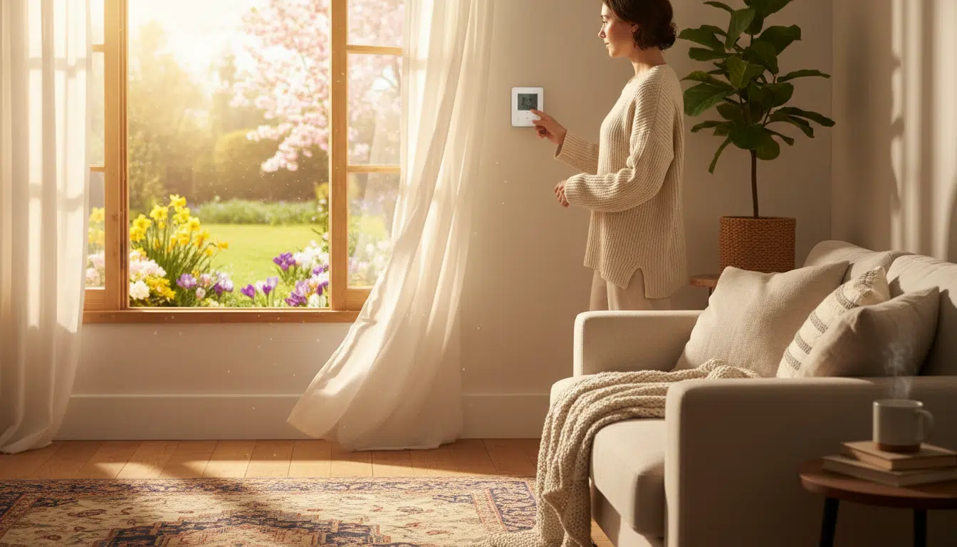 Personne réglant le thermostat de son radiateur en avril