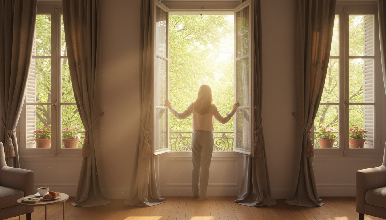 Ouverture des volets au soleil printanier dans un appartement