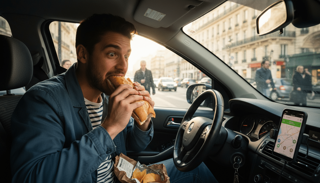 Chauffeur VTC mangeant un sandwich dans sa voiture entre deux courses