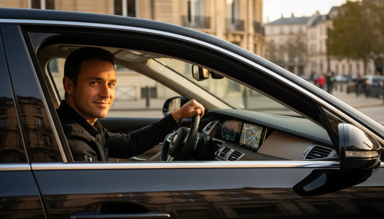 Chauffeur VTC souriant au volant de sa berline noire