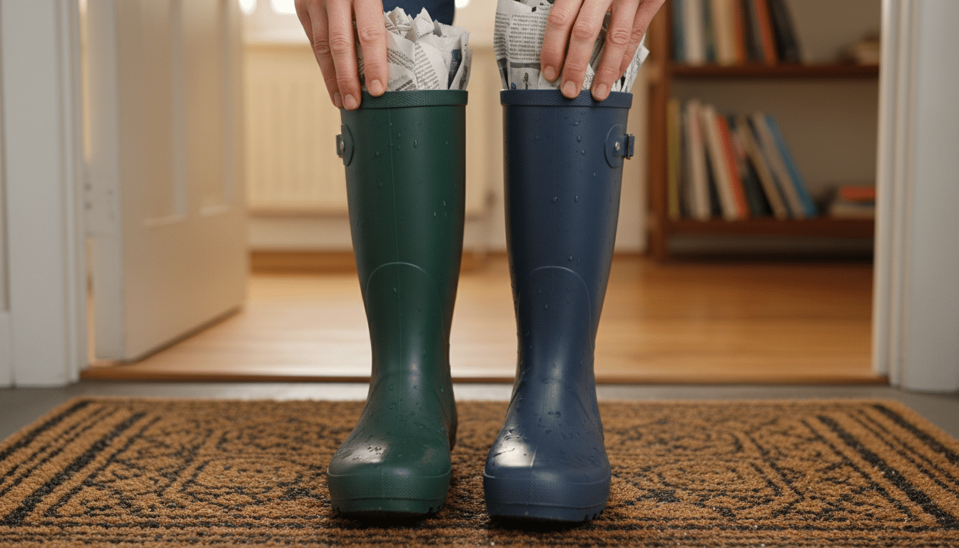 Chaussures mouillées remplies de papier journal froissé