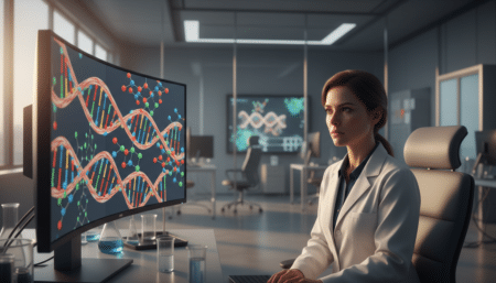 Chercheur analysant des séquences génétiques sur ordinateur en laboratoire