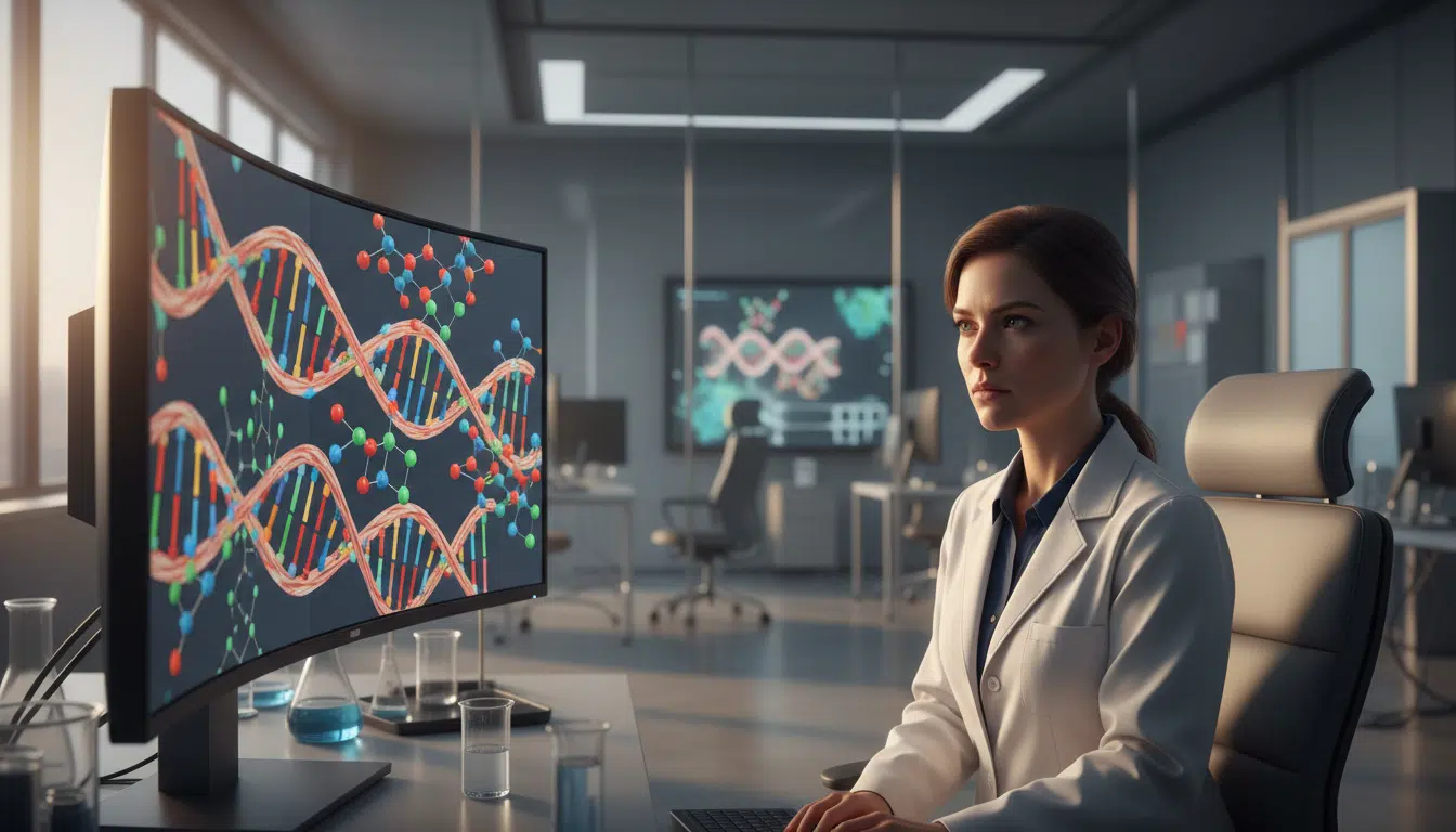 Chercheur analysant des séquences génétiques sur ordinateur en laboratoire