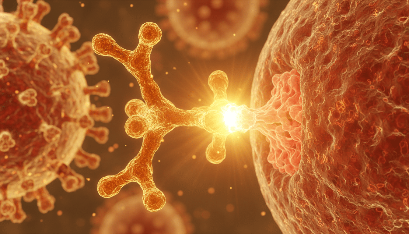 Illustration de la protéine Spike interagissant avec un récepteur cellulaire humain