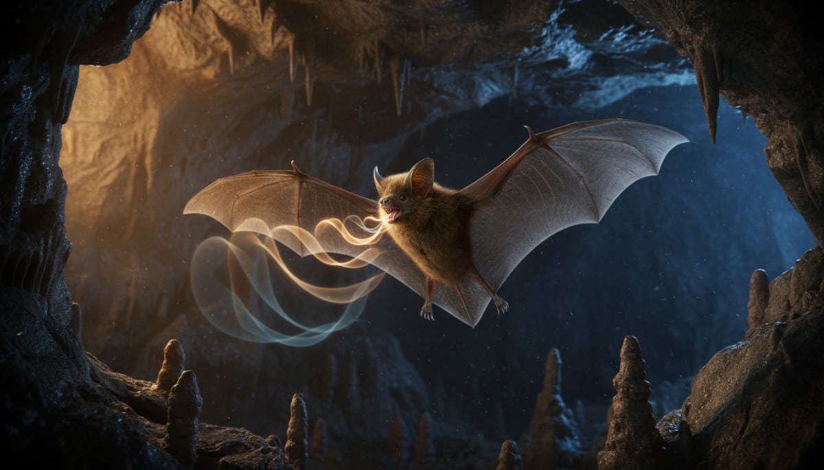 Chauve-souris en vol avec ondes d'écholocation visibles