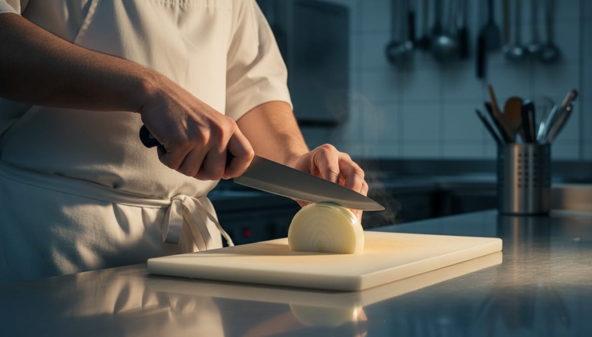 chef cuisinier coupant un oignon sans pleurer