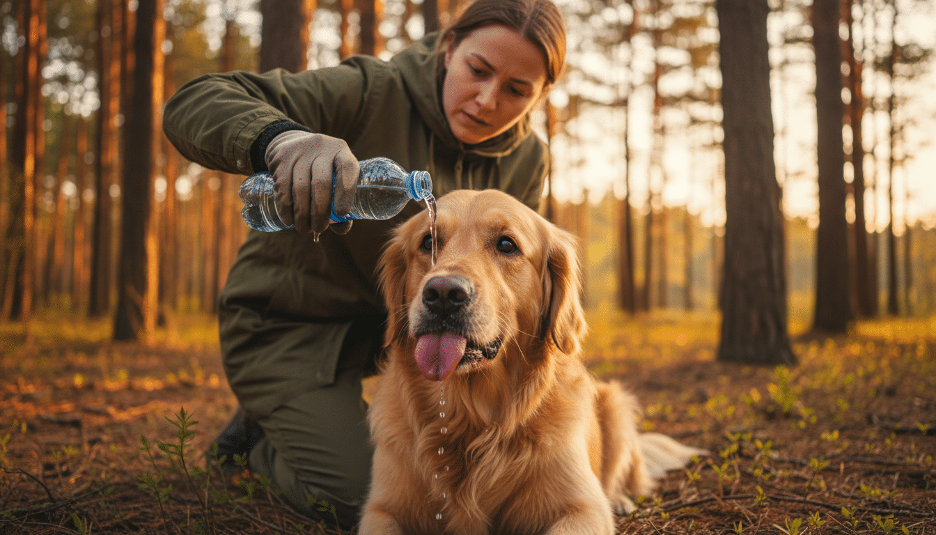 Propriétaire rinçant la gueule de son chien après contact avec une chenille processionnaire