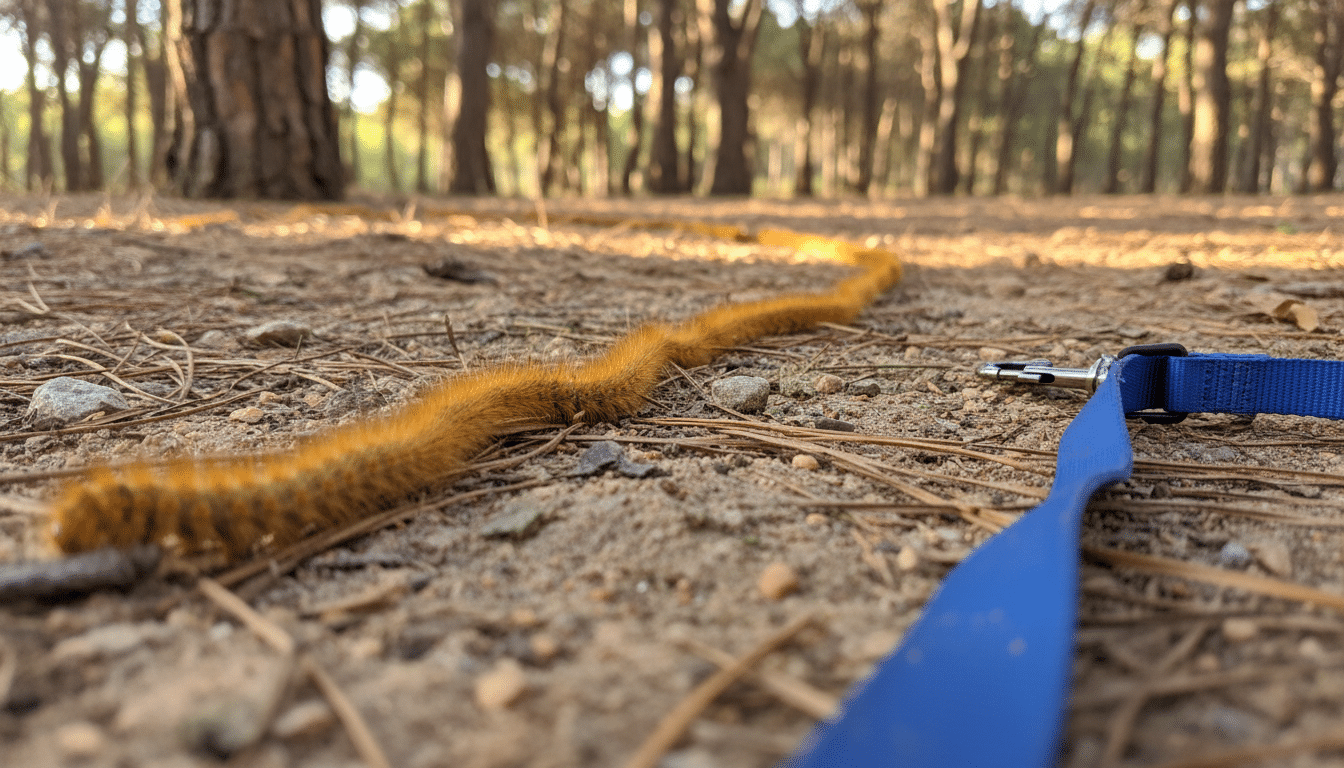 Procession de chenilles processionnaires au sol sous des pins