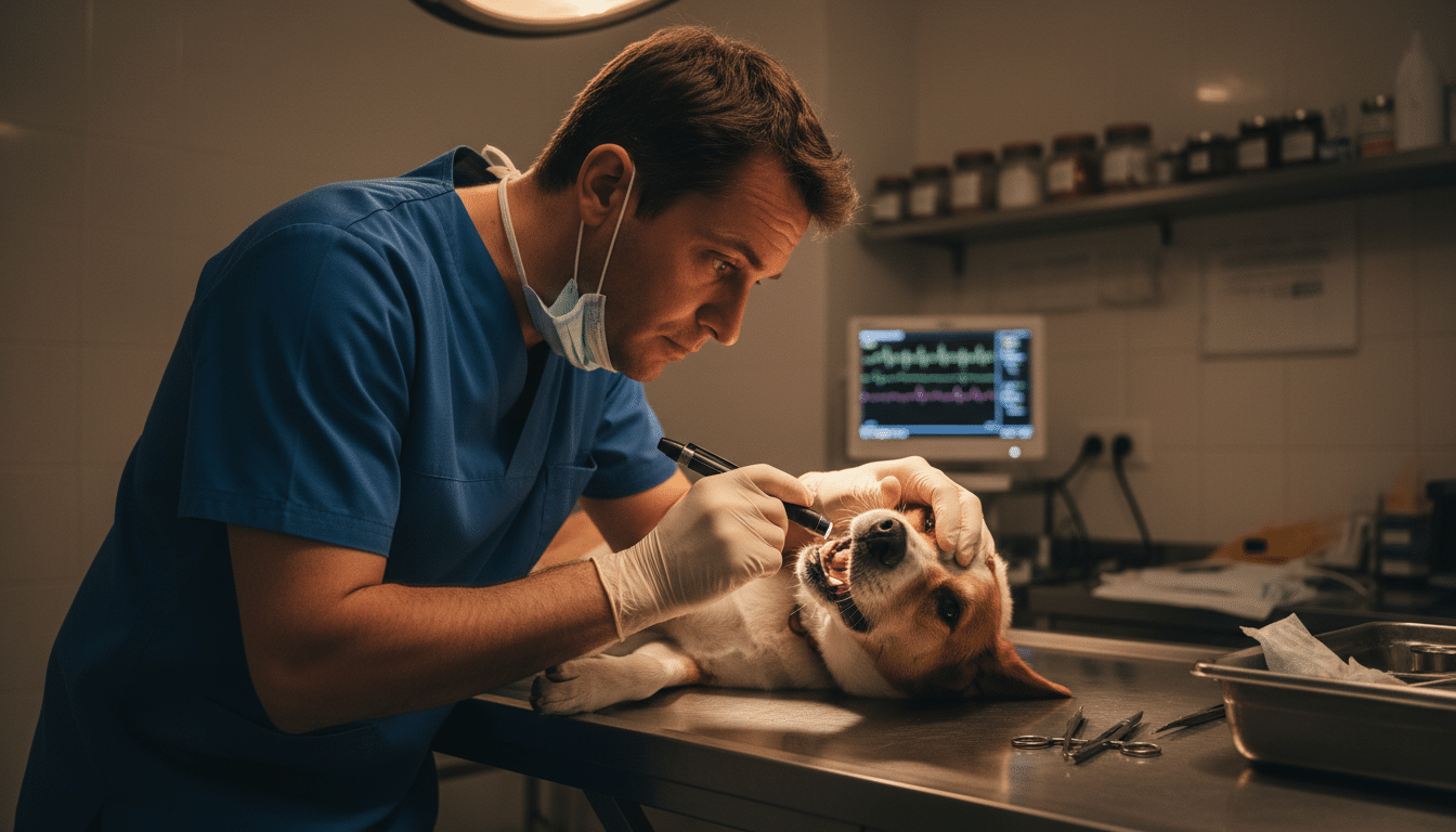 Vétérinaire examinant la gueule d'un chien touché par des chenilles processionnaires