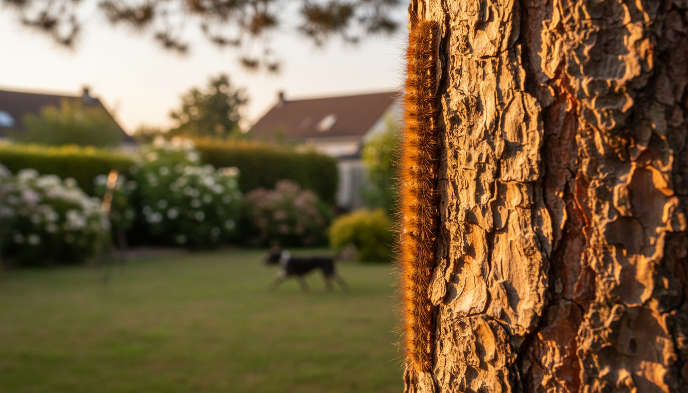 Chenilles processionnaires en file sur un tronc de pin
