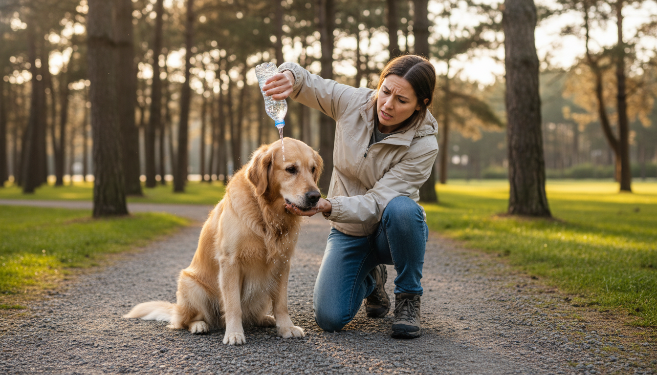 Propriétaire rinçant la bouche de son chien après contact chenille