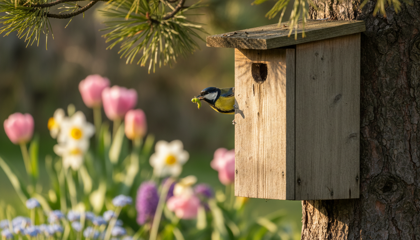 Mésange mangeant une chenille sur un nichoir au jardin