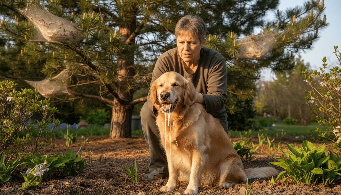 Chien avec la bouche gonflée après contact avec des chenilles
