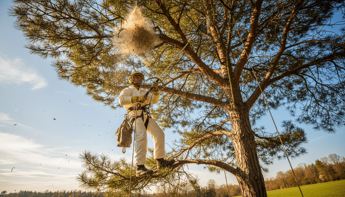 Professionnel en combinaison retirant un nid de chenilles processionnaires