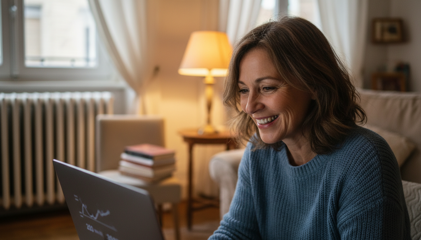 Femme consultant sa facture d'énergie avec soulagement