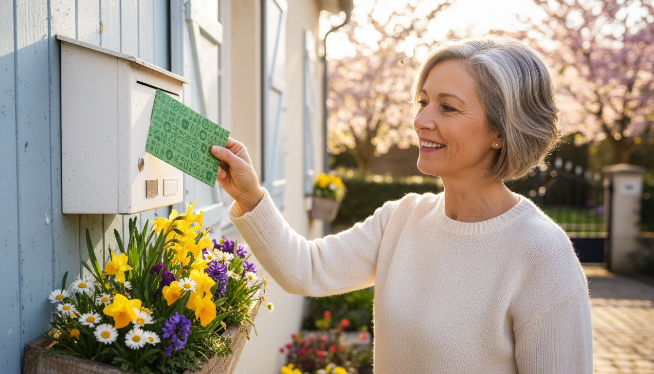 Femme ouvrant sa boîte aux lettres avec le chèque énergie