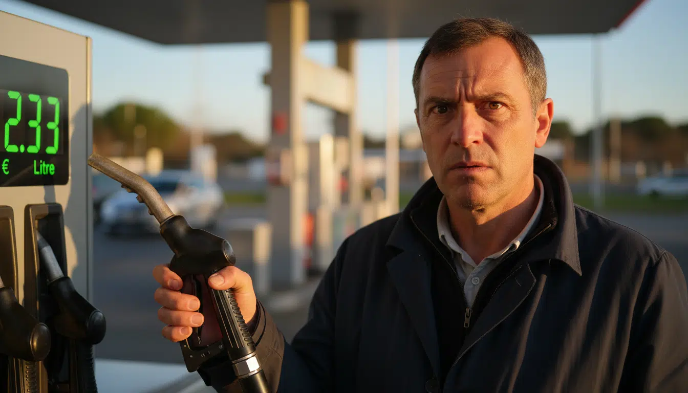 Automobiliste devant une pompe à essence affichant des prix élevés