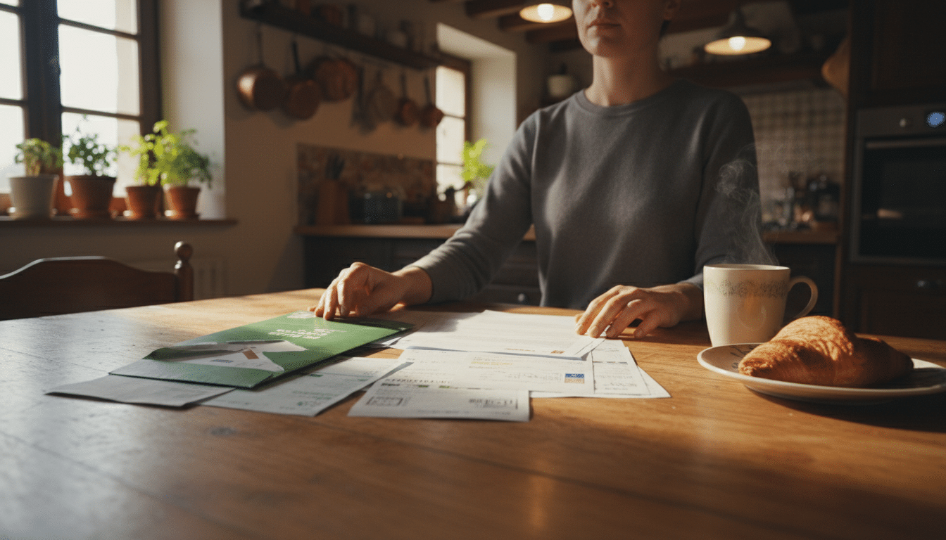 Chèque énergie posé sur une table à côté de factures domestiques