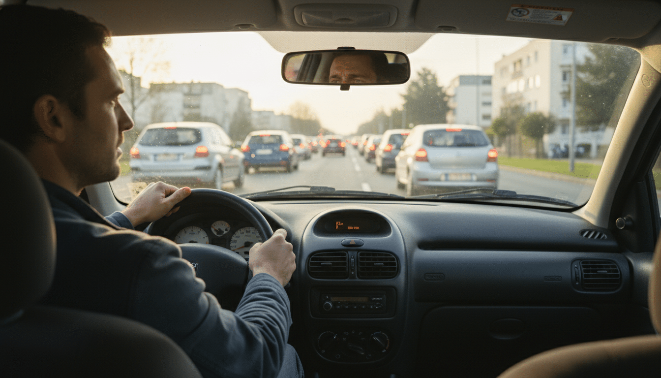 Conducteur dans sa voiture avec la jauge de carburant presque vide