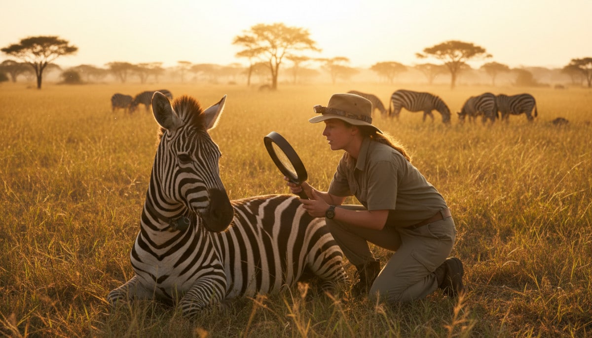 Chercheur observant les rayures d'un zèbre en savane