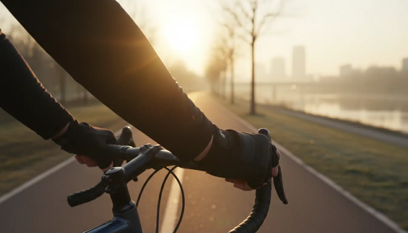 Cycliste portant des gants noirs rembourrés sur un guidon de vélo