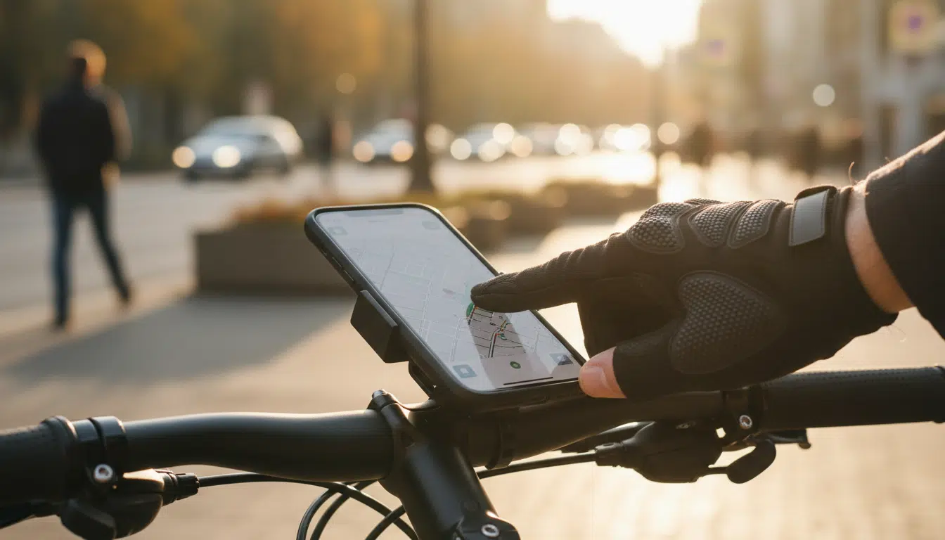 Gants de vélo tactiles utilisés sur un smartphone fixé au guidon