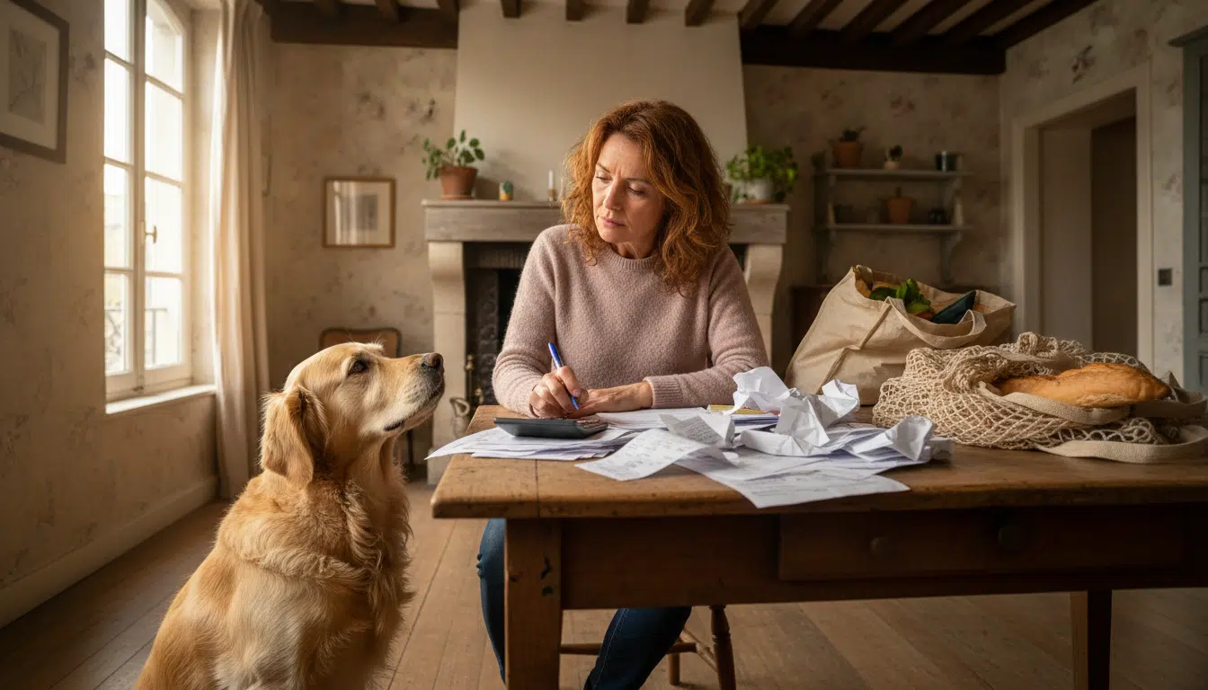 Femme regardant des factures vétérinaires avec son chien