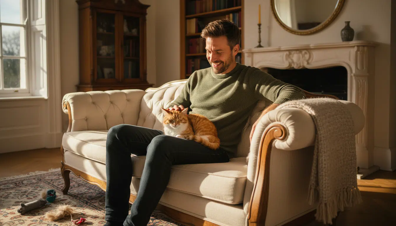 Homme et son chat blottis sur un canapé