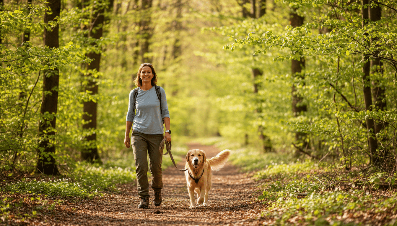Propriétaire promenant son chien en laisse en forêt au printemps