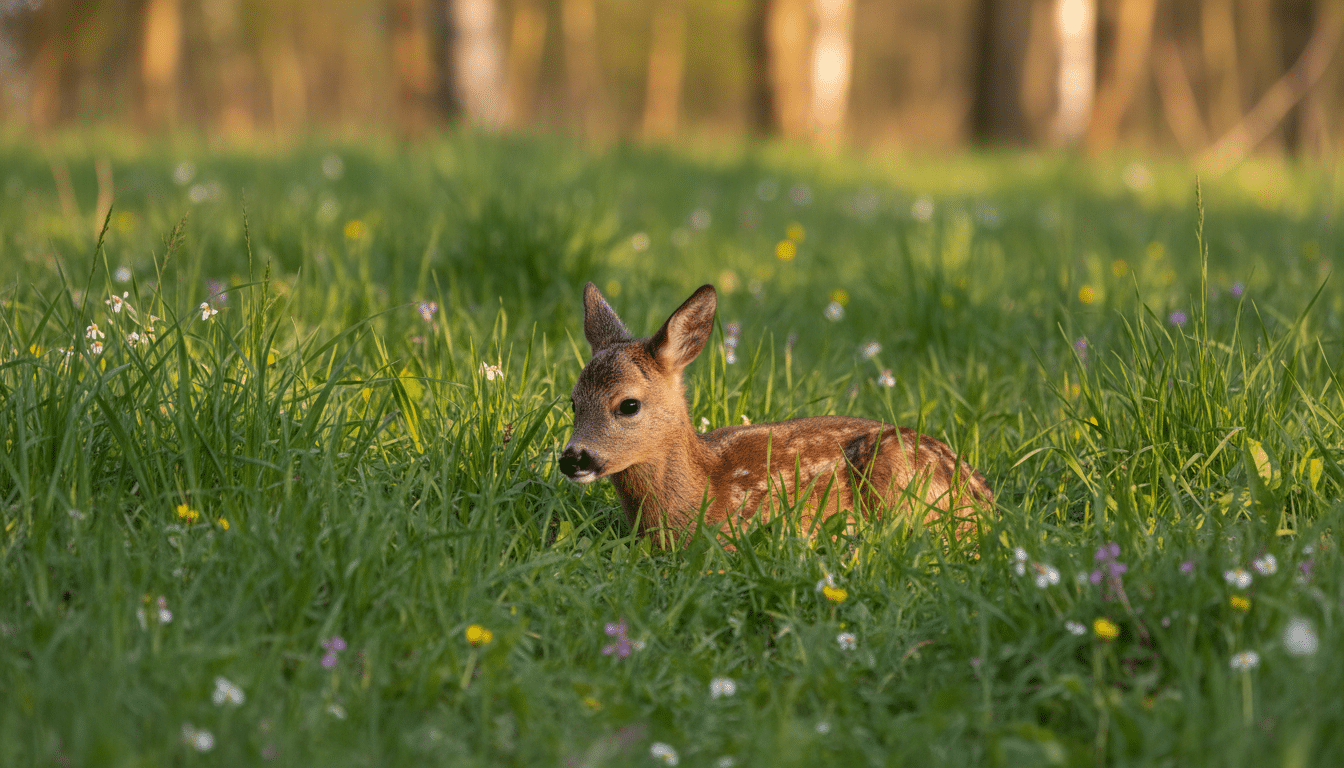 Faon de chevreuil caché dans les herbes au printemps