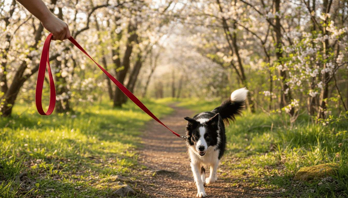 Main tenant une laisse de chien sur un sentier forestier