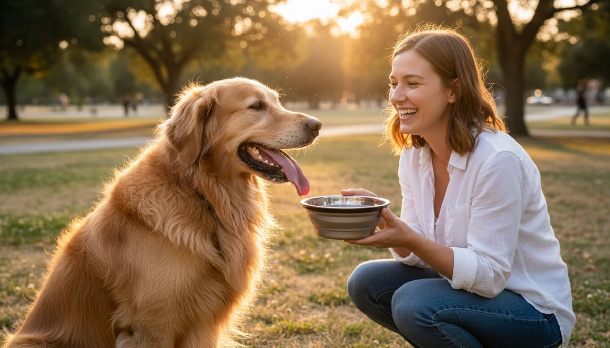 chien haletant avec femme lui offrant de l'eau