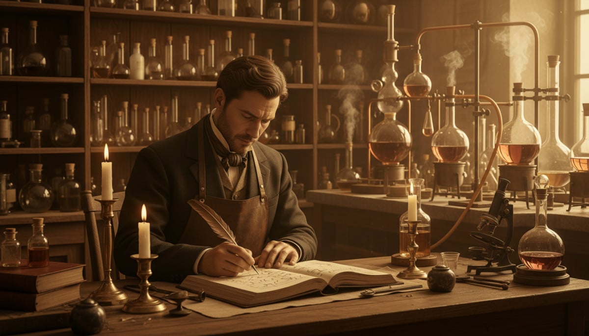 Chimiste du XIXe siècle dans son laboratoire à l'ancienne