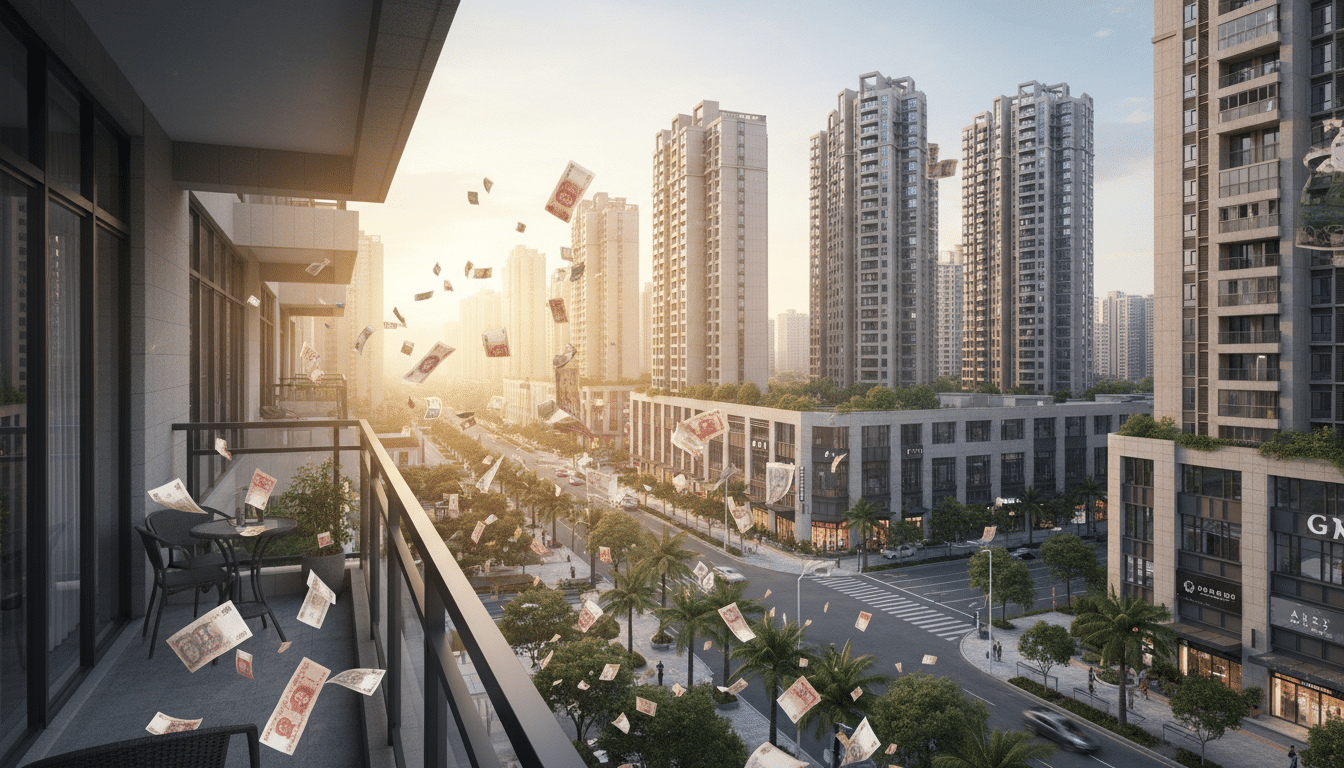 Billets de banque tombant depuis un balcon en Chine