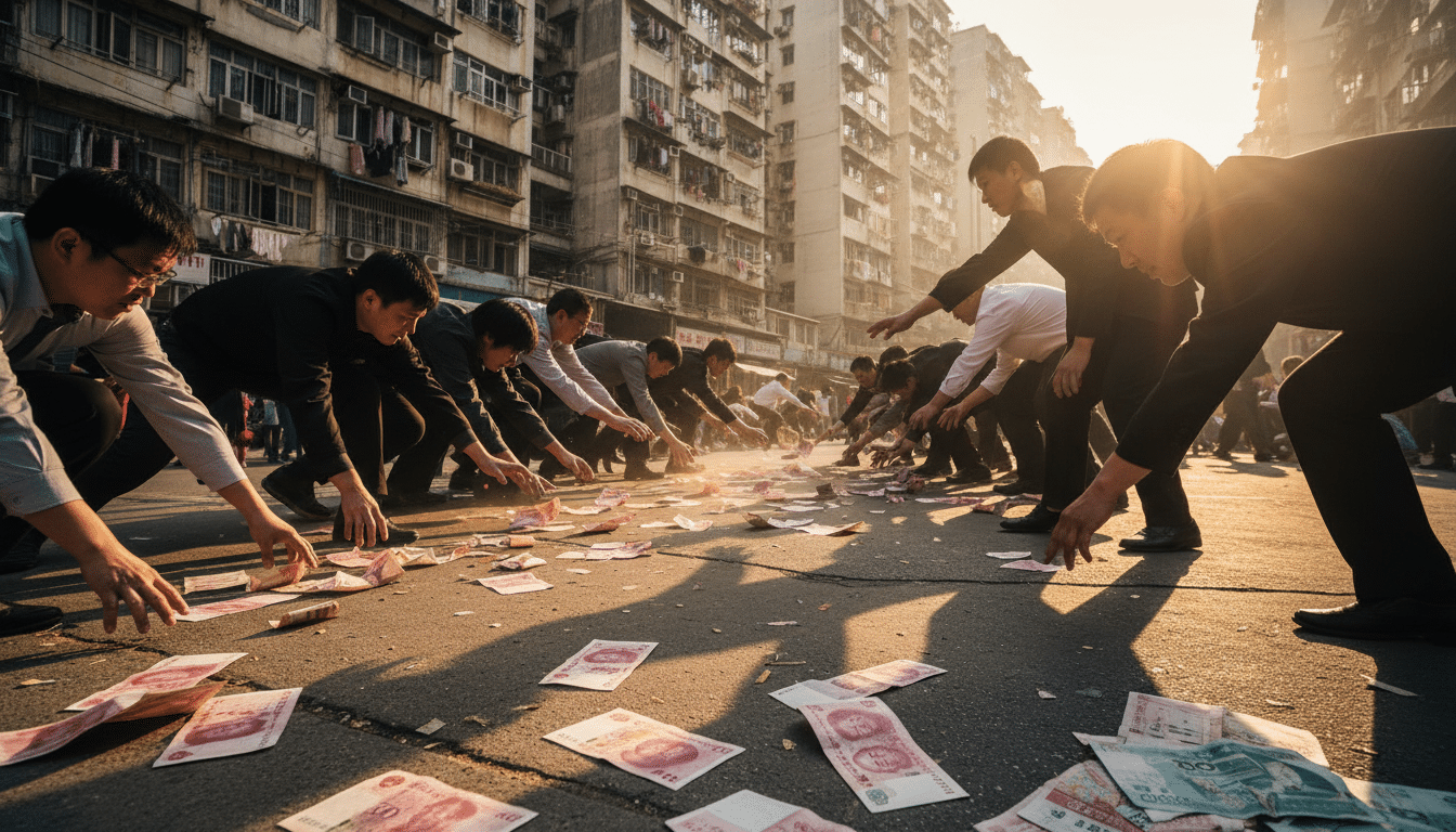 Passants ramassant des billets éparpillés sur un trottoir chinois