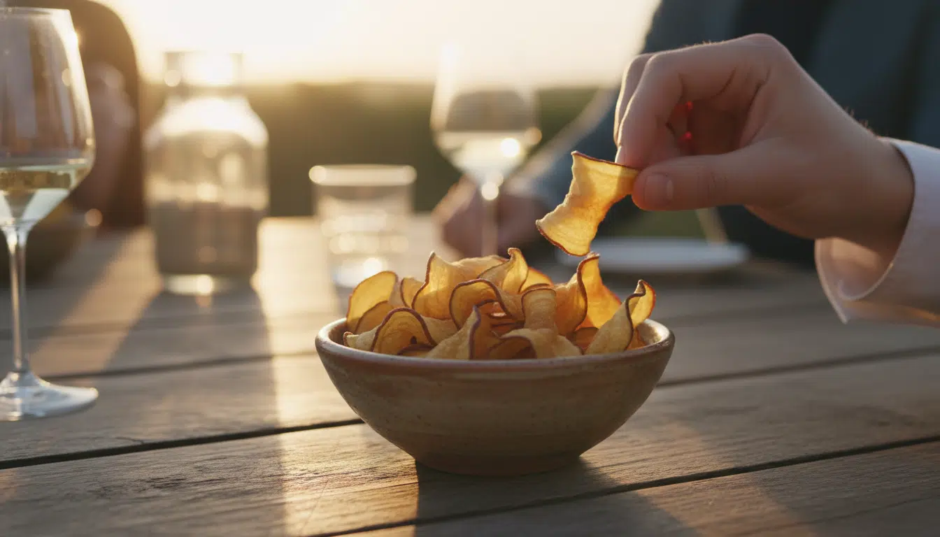 Bol de chips dorées aux épluchures de carottes servies à l'apéro