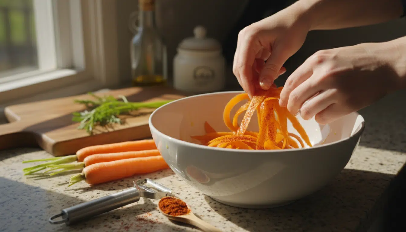 Assaisonnement des épluchures de carottes avec épices et huile d'olive