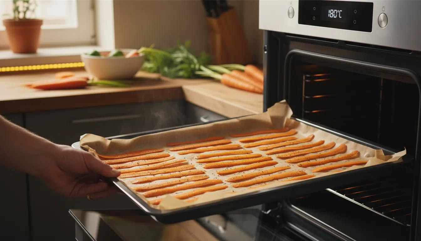 Plaque de cuisson avec épluchures de carottes avant passage au four